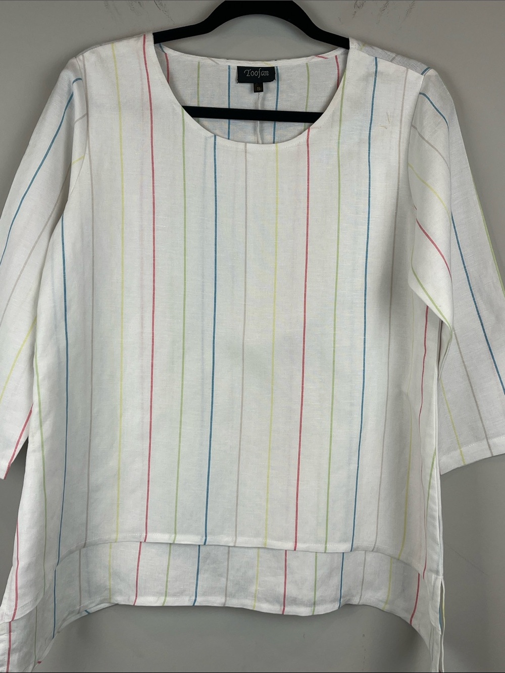 NWOT Toofan White 100% Linen Tunic Top Colorful Pinstrips Size Small
